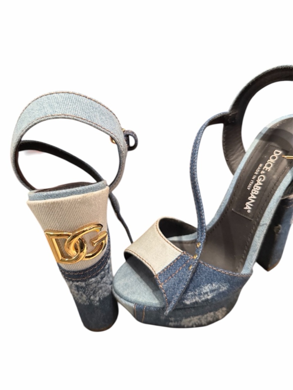 Dolce & Gabbana Denim and Cream Platform Sandals with Gold Logo